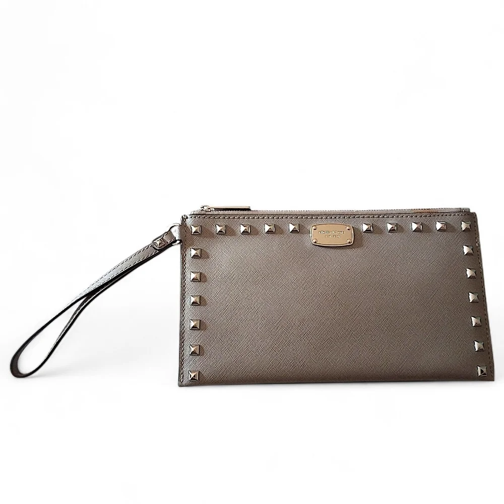 Michael Kors Jet Set Travel Studded Large Saffiano Leather Wristlet – Taupe Gray